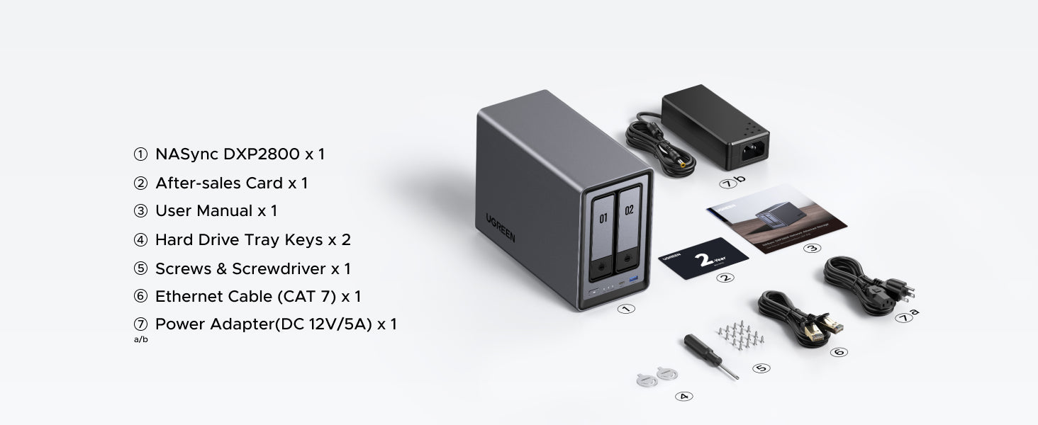 UGREEN DXP2800 Lieferumfang mit NAS, Netzadapter, CAT-7-Ethernet-Kabel, Zubehör und Benutzerhandbuch
