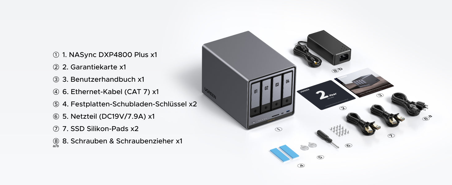 UGREEN DXP4800 Plus Lieferumfang mit NAS, Netzadapter, CAT-7-Ethernet-Kabel, Zubehör und Benutzerhandbuch