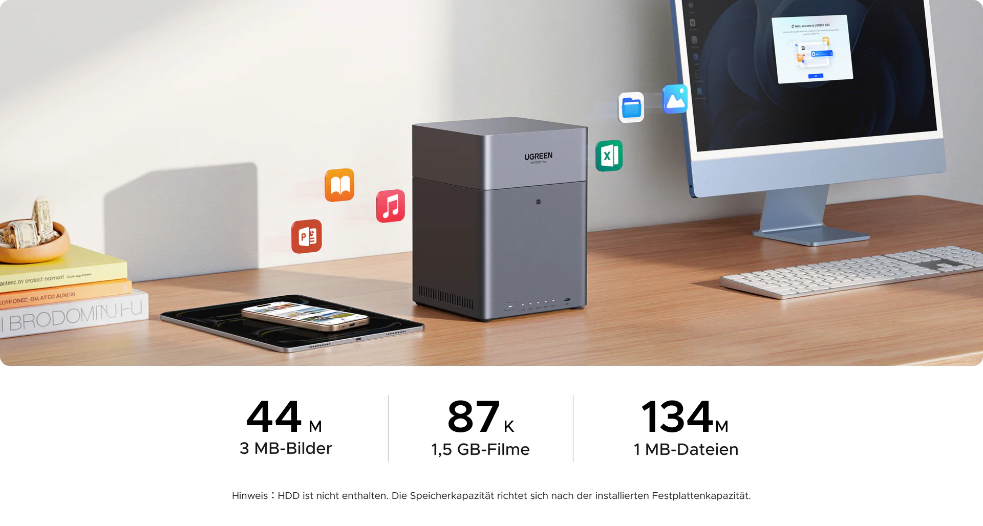 Grafik zur Speicherkapazität des UGREEN NASync DH4300 Plus mit bis zu 128 TB für Dateien und Medien