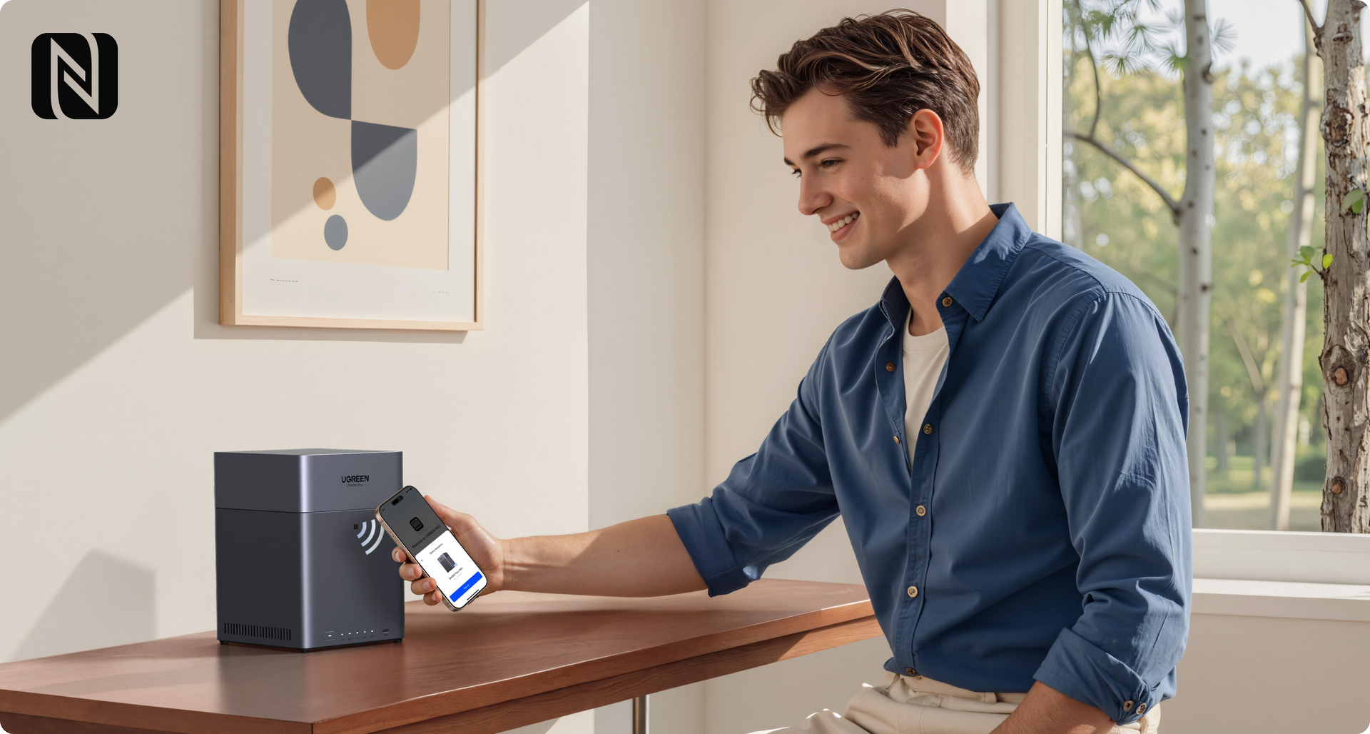 UGREEN DH4300 Plus 4-Bay-NAS-Speicher Nutzen Sie NFC für nahtloses Herunterladen der App, sofortige Geräte-Registrierung & Bindung in einem einzigen geschmeidigen Schritt.