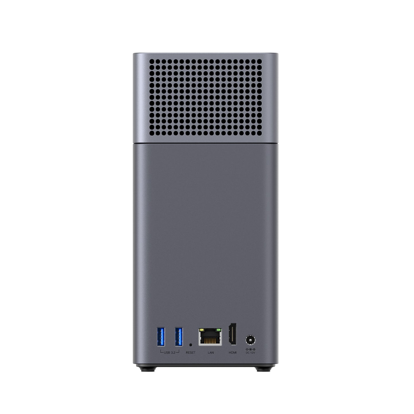 Rückseite des UGREEN NASync DH2300 mit USB-A, LAN, HDMI und Stromanschluss