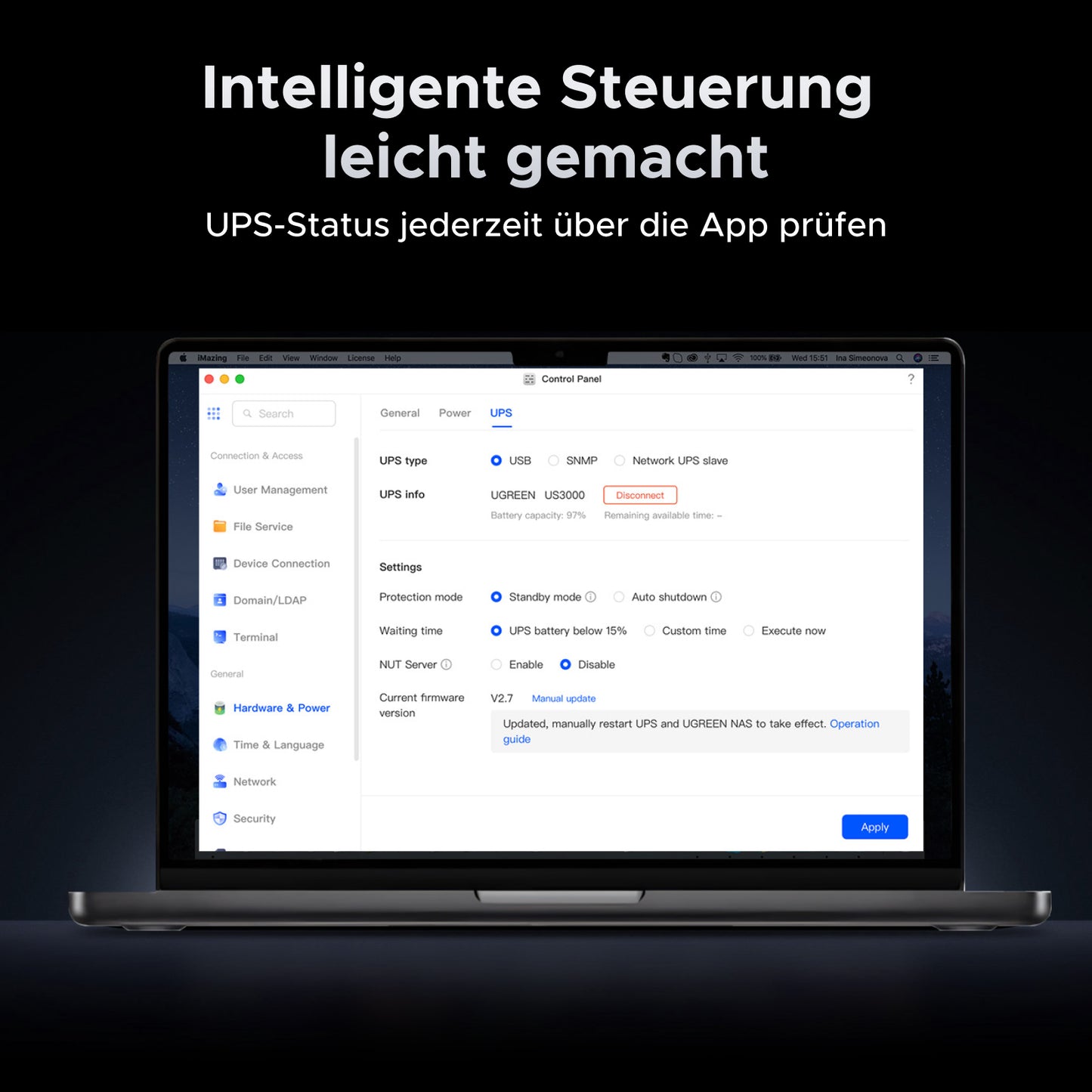 Laptop-Display mit UPS-Steuerungsinterface: "Intelligente Steuerung leicht gemacht – UPS-Status jederzeit über die App prüfen". 