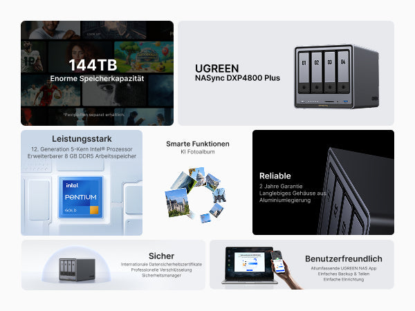 UGREEN NASync DXP4800 Plus mit 144 TB Speicher, Intel Prozessor, App-Verwaltung und KI-Fotoalbum