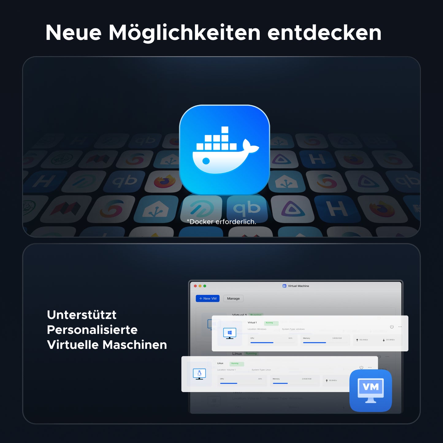 UGREEN DXP NAS Software unterstützt Docker und virtuelle Maschinen für erweiterte Anwendungen