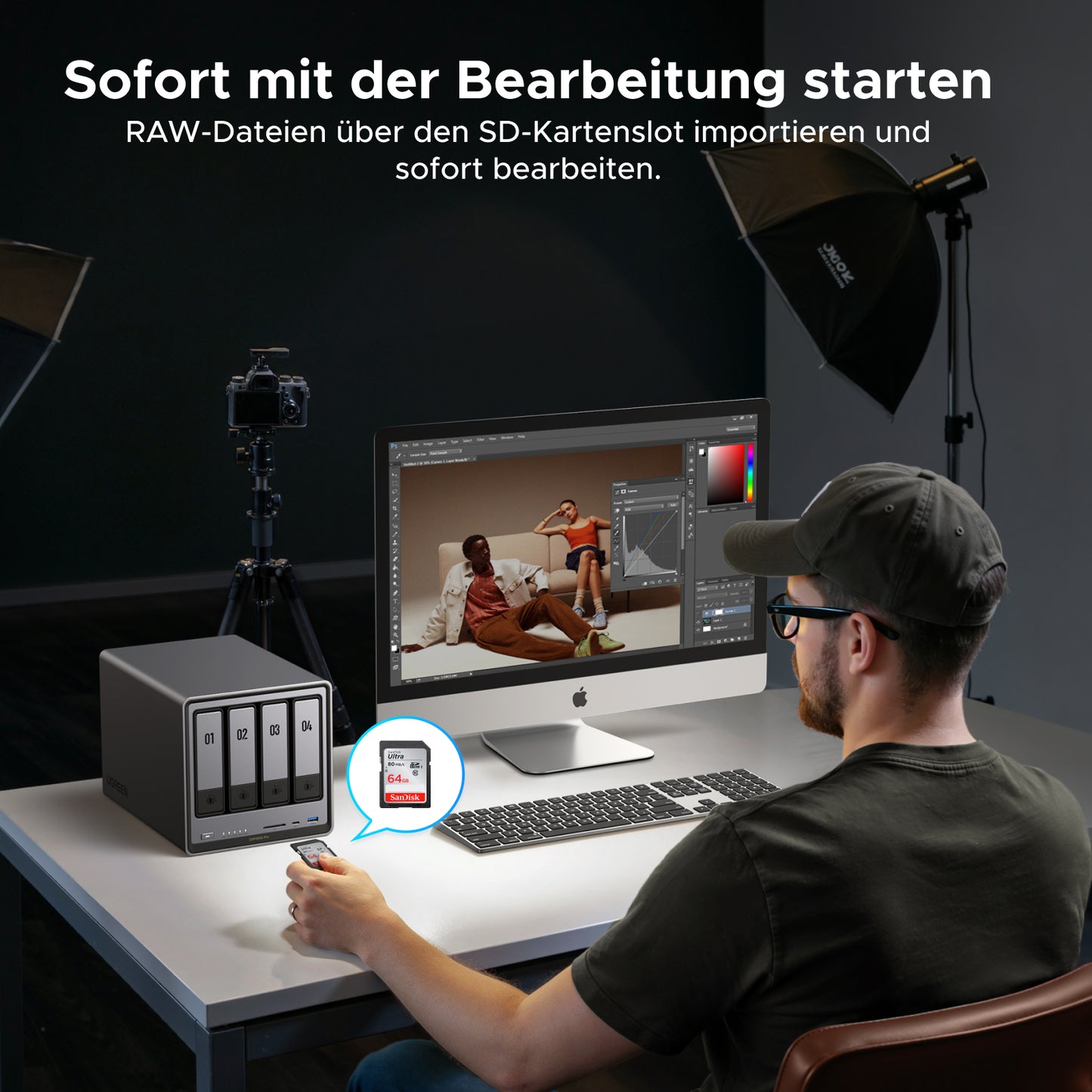 UGREEN NASync DXP4800 Pro im Fotostudio zum Importieren von RAW-Dateien und Bearbeiten am Computer