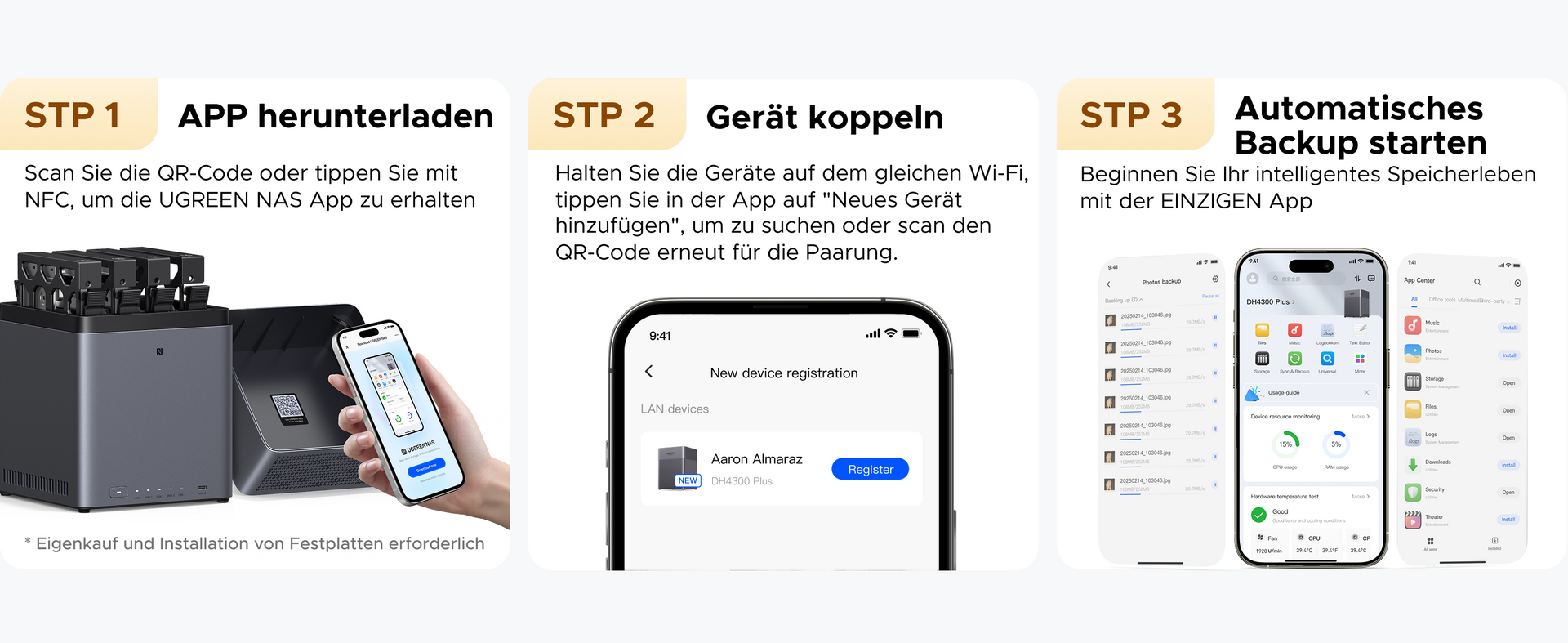 Drei Schritte zur Einrichtung des UGREEN DH4300 Plus NAS: 1. APP herunterladen (per QR - Code oder NFC), 2. Gerät koppeln (gleiches Wi - Fi, QR - Code scannen), 3. Automatisches Backup starten. Hinweis: Eigenkauf und Installation von Festplatten erforderlich.