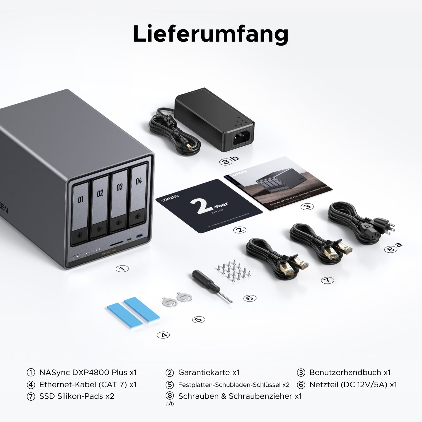 UGREEN NAS Speicher DXP4800 plus Lieferumfang: NAS-Gerät, CAT7-Kabel, Netzteil, Festplattenschlüssel & Zubehör für sofortigen Betrieb